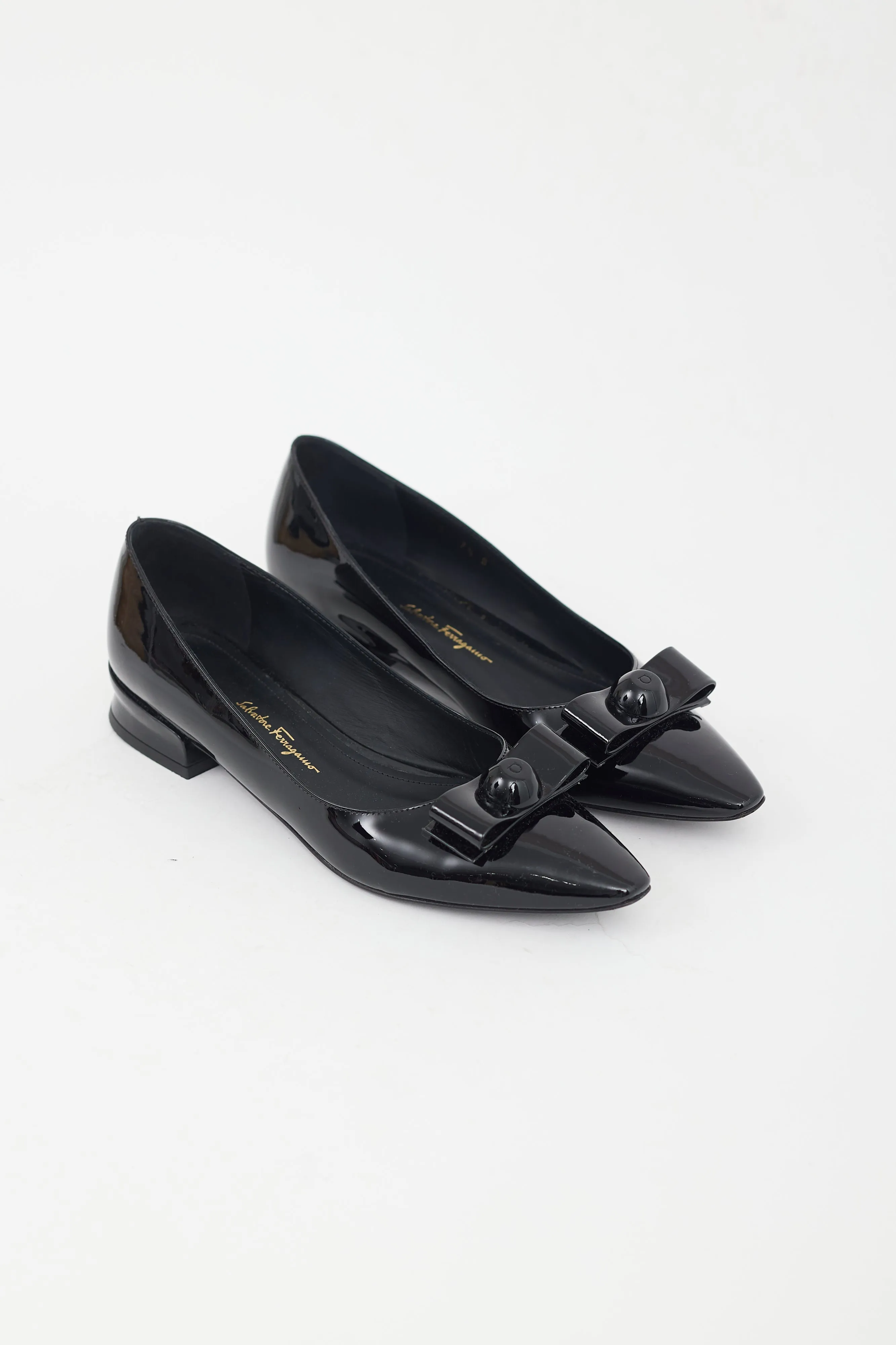 Black Patent Leather Pointed Toe Bow Flat
