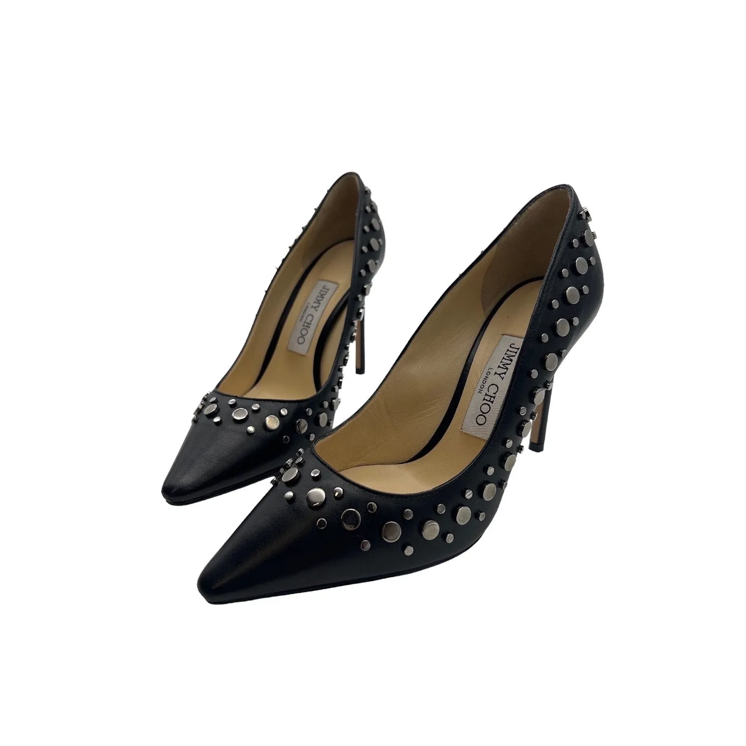JIMMY CHOO Black Nappa Pointy Toe Pumps with Anthracite Studs Romy 100 Heels