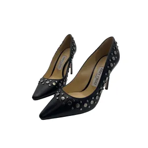 JIMMY CHOO Black Nappa Pointy Toe Pumps with Anthracite Studs Romy 100 Heels