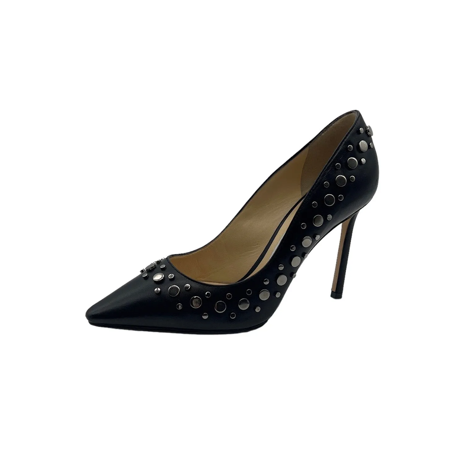 JIMMY CHOO Black Nappa Pointy Toe Pumps with Anthracite Studs Romy 100 Heels