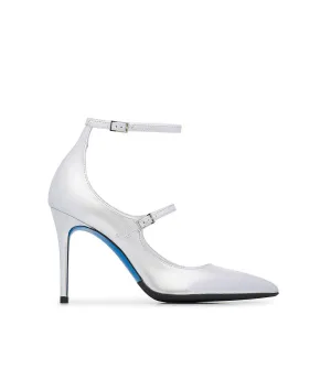 Laminated silver-tone leather double strap pump