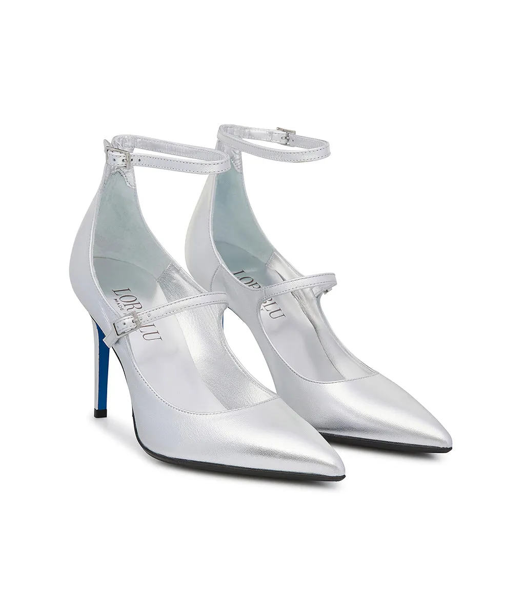 Laminated silver-tone leather double strap pump