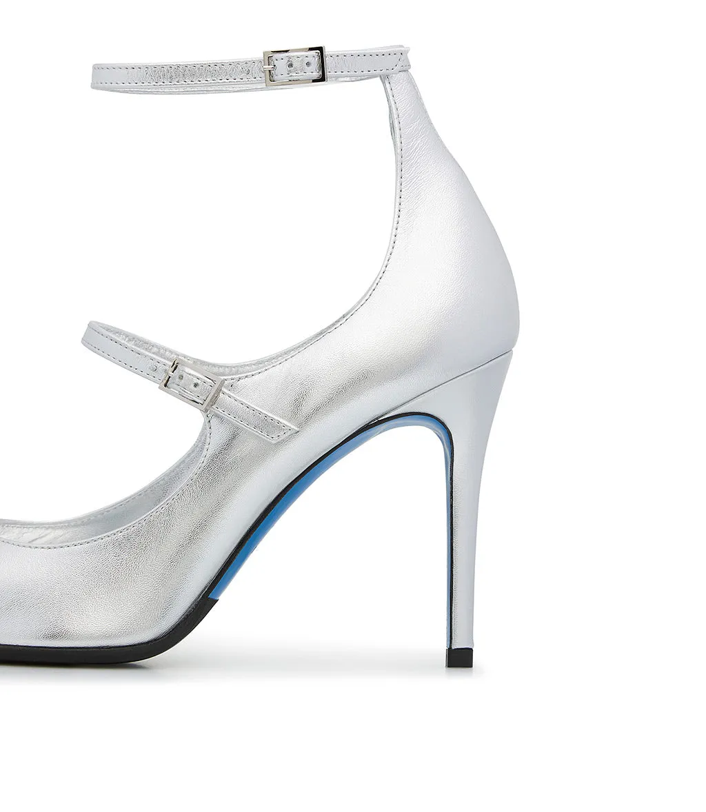 Laminated silver-tone leather double strap pump
