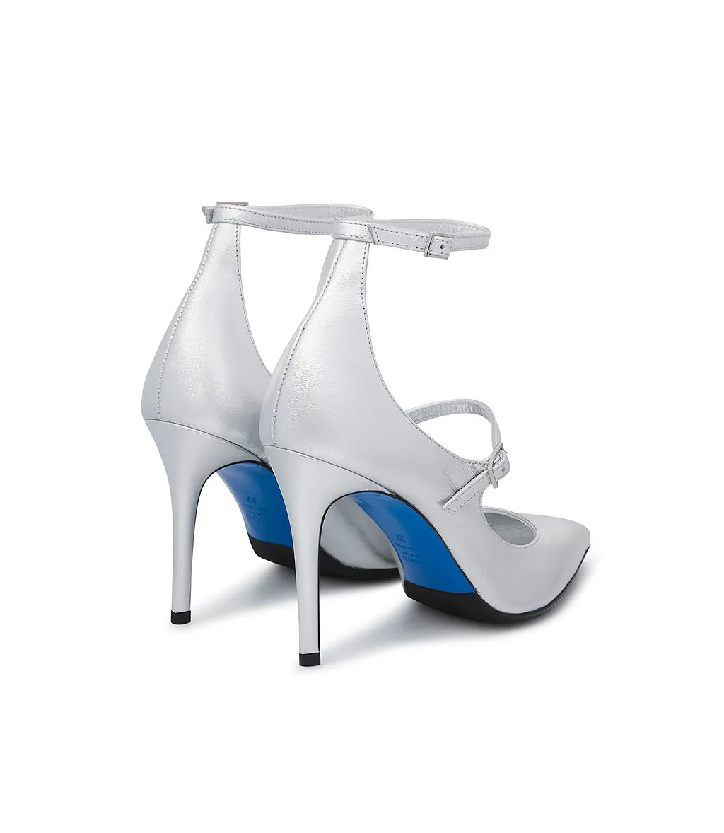 Laminated silver-tone leather double strap pump
