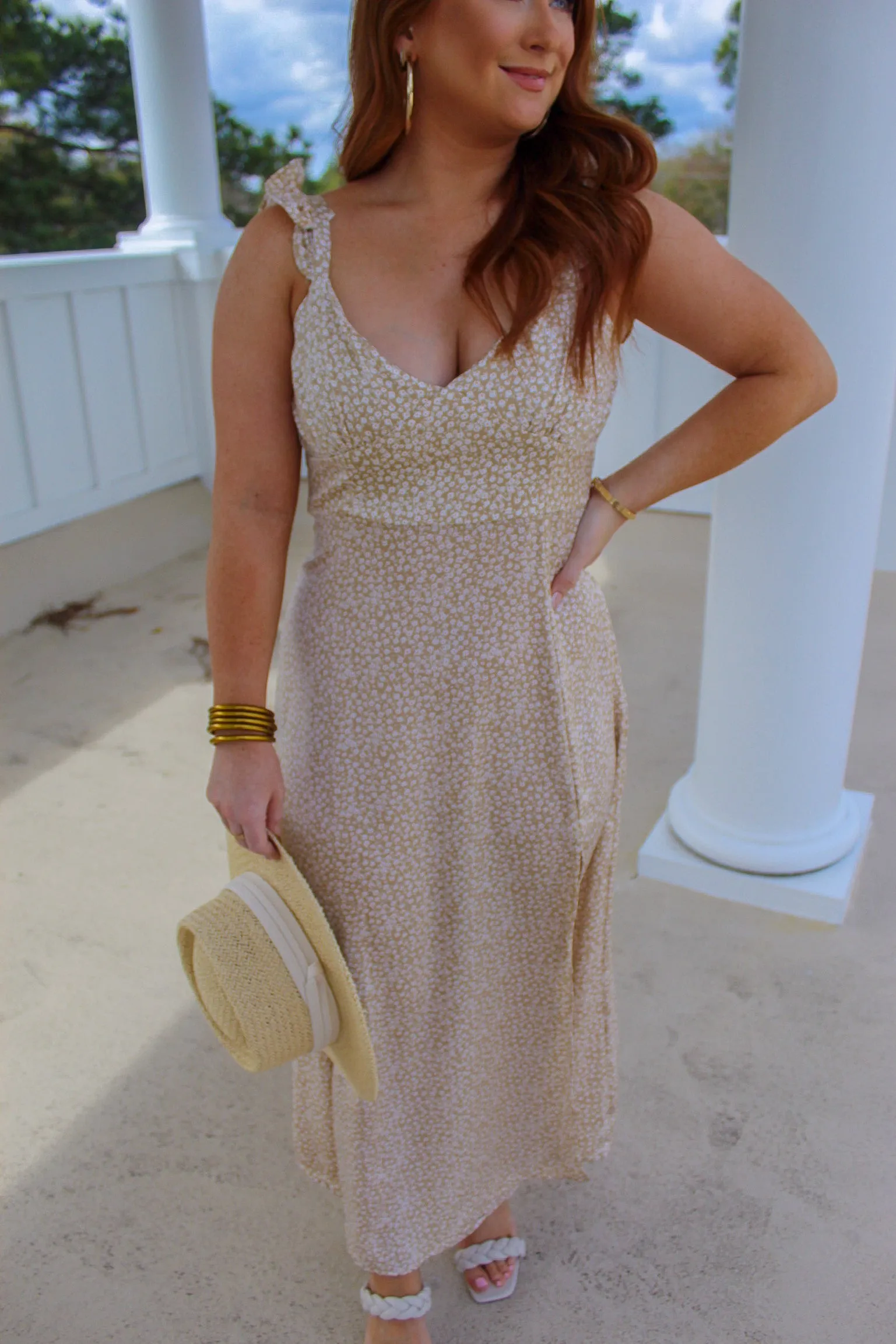 Manny Floral Ruffle Midi Dress- Taupe