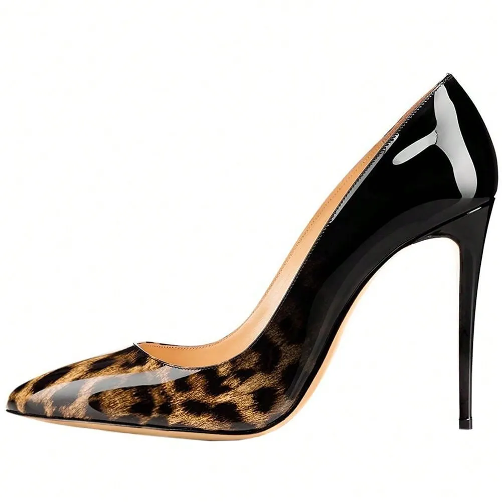 Patent Leather Animal Print Pointy Toes High Heels Pumps