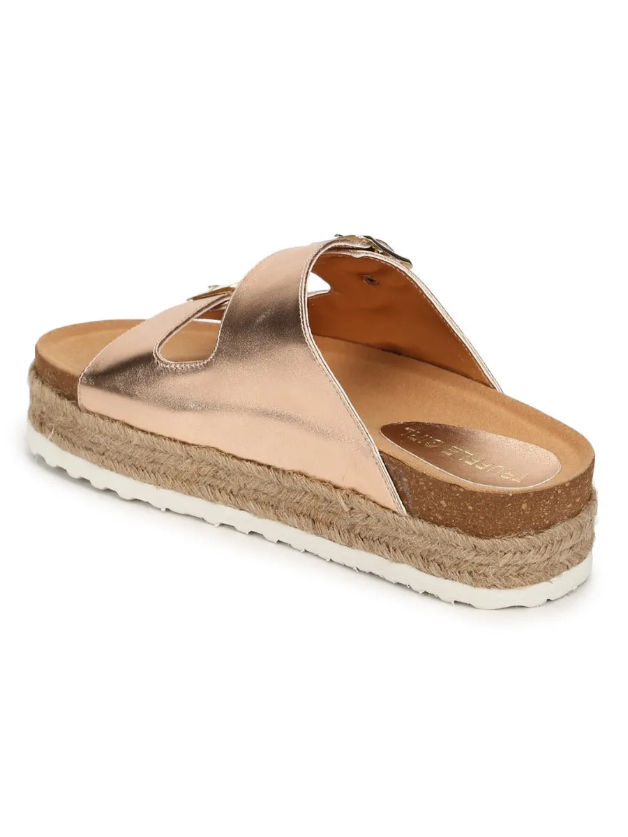 Rose Gold PU Side Buckle Wedges Espadrilles Sandals
