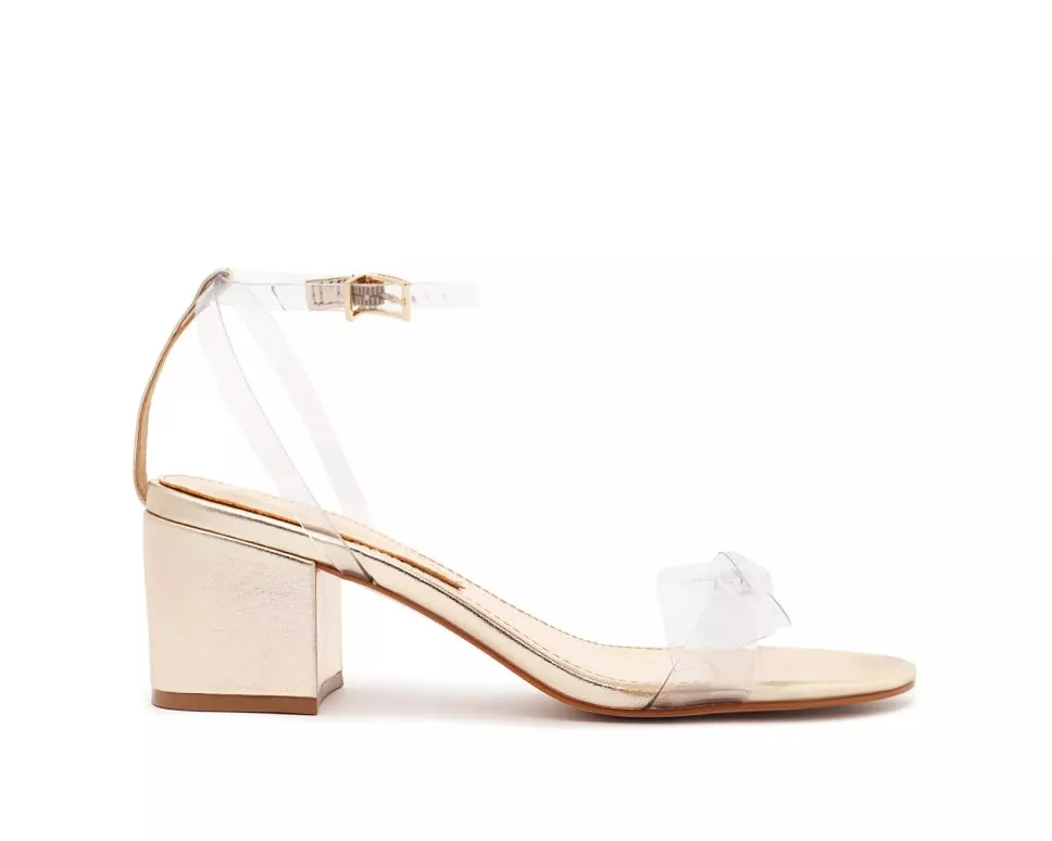 Schutz Elyda Mid Gold Bow Tie Vamp Ankle Strap Open Toe Block Heel Sandals