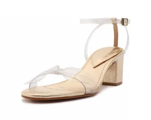 Schutz Elyda Mid Gold Bow Tie Vamp Ankle Strap Open Toe Block Heel Sandals