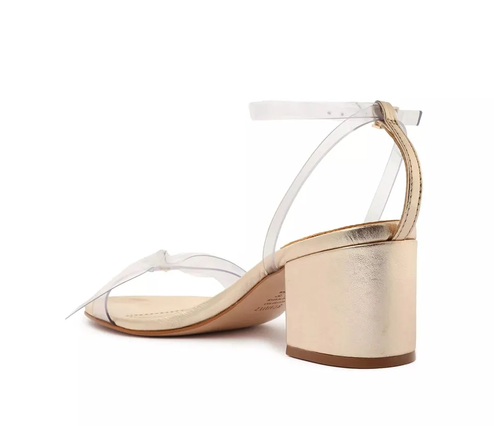 Schutz Elyda Mid Gold Bow Tie Vamp Ankle Strap Open Toe Block Heel Sandals