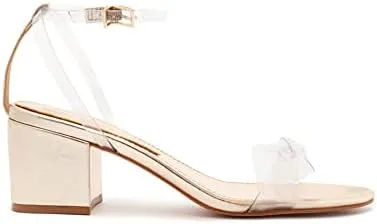 Schutz Elyda Mid Gold Bow Tie Vamp Ankle Strap Open Toe Block Heel Sandals