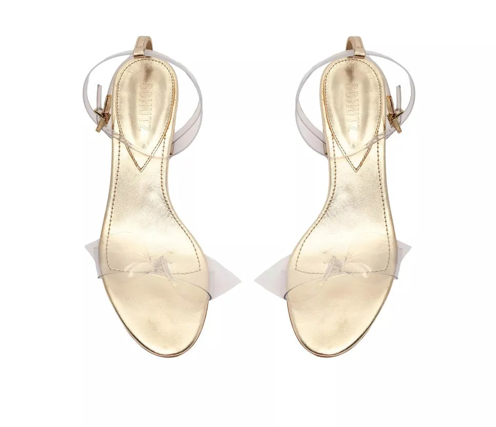 Schutz Elyda Mid Gold Bow Tie Vamp Ankle Strap Open Toe Block Heel Sandals