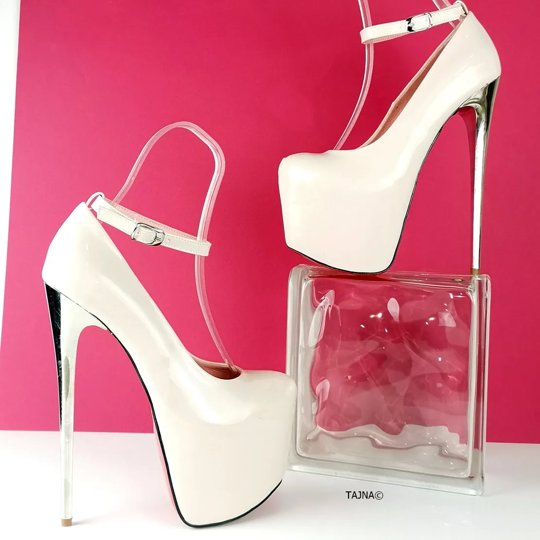 Soft Nude Patent Ankle Strap Metal Heels