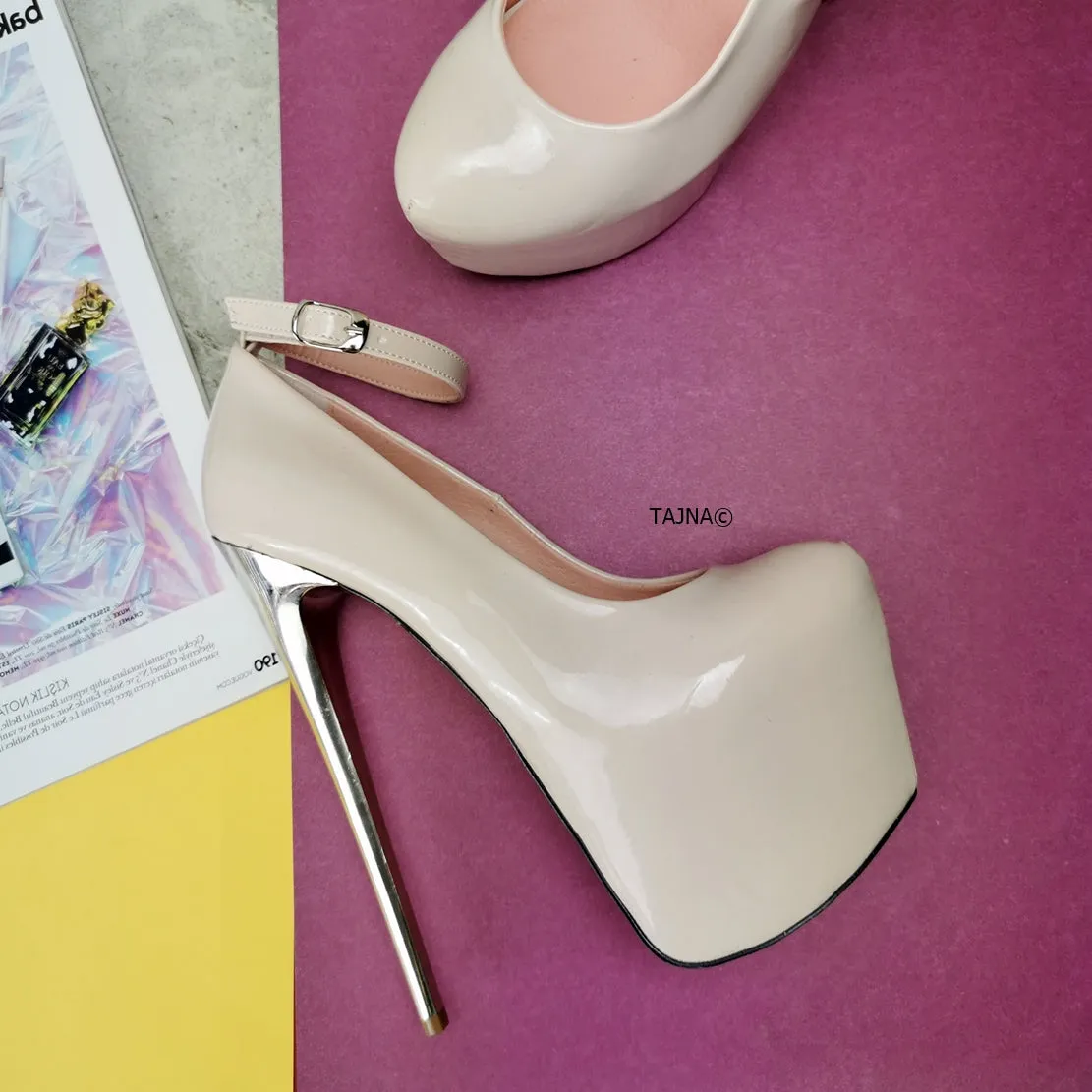 Soft Nude Patent Ankle Strap Metal Heels