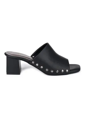 Women's Black Block Heel Side Studds Lightweight Sandals