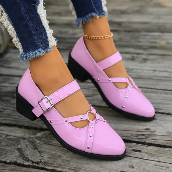 Women's Retro Rivet Buckle Thick Heel Pointed Toe Shoes 75679410S