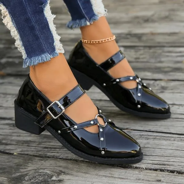 Women's Retro Rivet Buckle Thick Heel Pointed Toe Shoes 75679410S