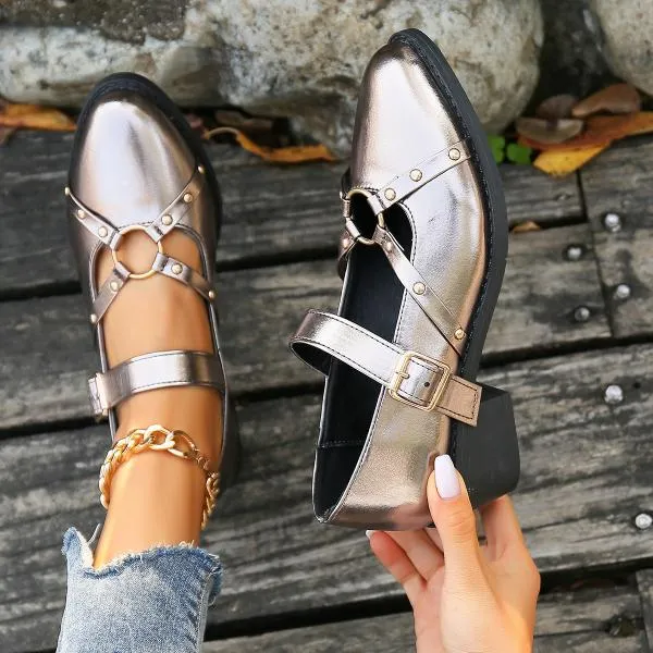 Women's Retro Rivet Buckle Thick Heel Pointed Toe Shoes 75679410S