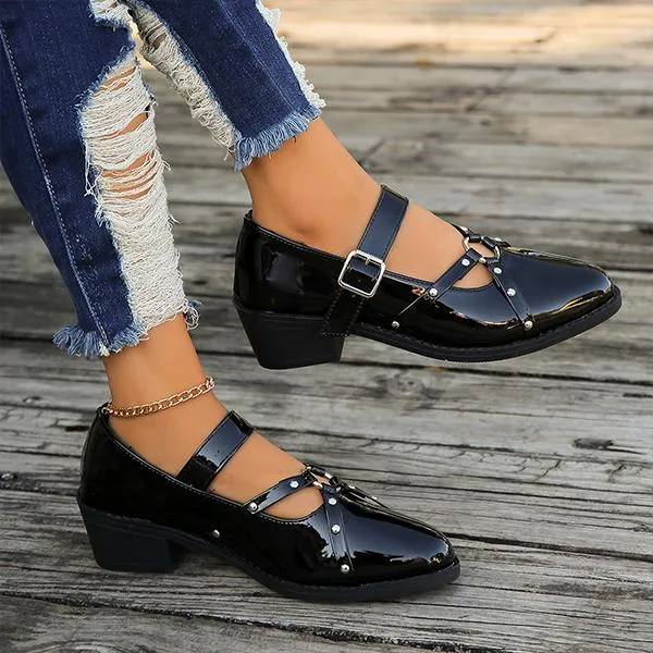 Women's Retro Rivet Buckle Thick Heel Pointed Toe Shoes 75679410S