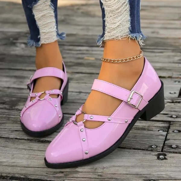 Women's Retro Rivet Buckle Thick Heel Pointed Toe Shoes 75679410S