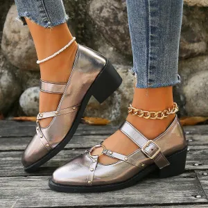 Women's Retro Rivet Buckle Thick Heel Pointed Toe Shoes 75679410S