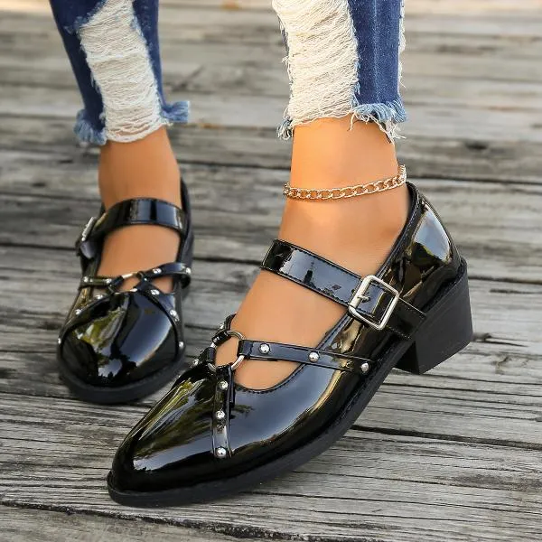 Women's Retro Rivet Buckle Thick Heel Pointed Toe Shoes 75679410S