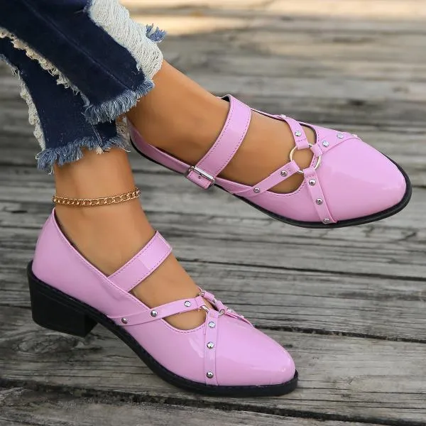 Women's Retro Rivet Buckle Thick Heel Pointed Toe Shoes 75679410S